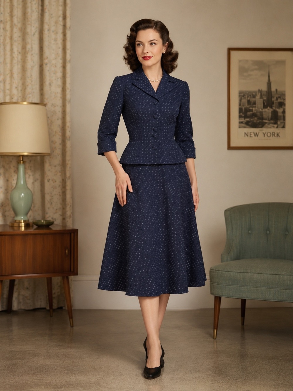 Mid-Century 1950s Navy Polka Dot Peplum Suit